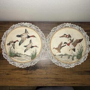 Vintage Set of Two Embroidered Flying Ducks Wall Hangings with Lace Trim